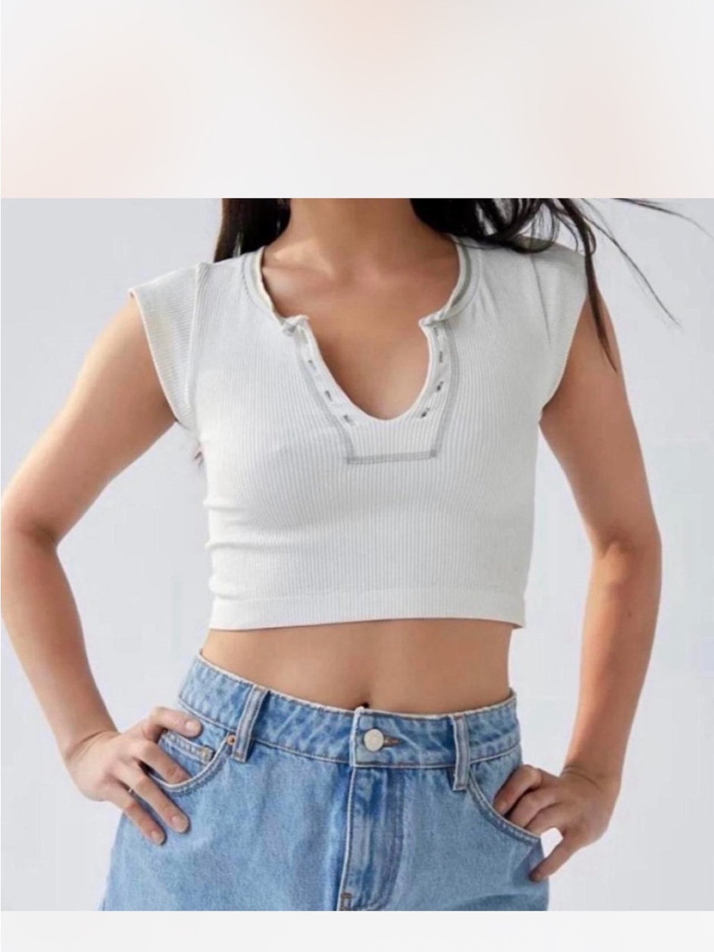 Urban Outfitters Cream Ribbed Snap-Front Crop Top